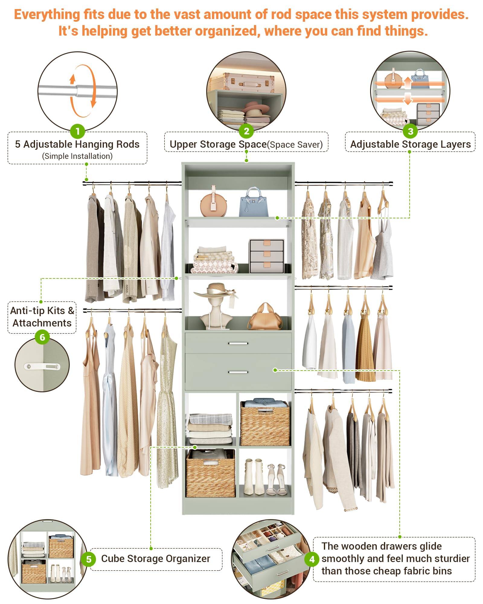 Everything fits due to the vast amount of rod space this system provides. It's helping get better organized, where you can find things.

1. 5 Adjustable Hanging Rods (Simple Installation)
2. Upper Storage Space (Space Saver)
3. Adjustable Storage Layers
4. Anti-tip Kits & Attachments
5. Cube Storage Organizer
6. The wooden drawers glide smoothly and feel much sturdier than those cheap fabric bins
