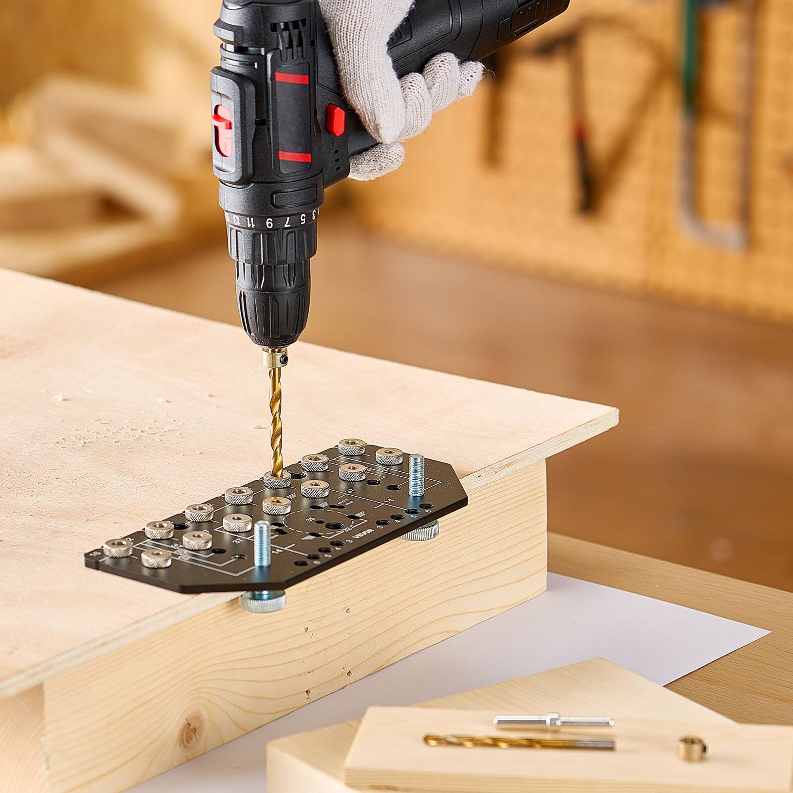 Alt View 5. VEVOR - Shelf Pin Jig and Hinge Jig Two-in-One, Aluminum Alloy Cabinet Hardware Hole Drilling Template - Orange.