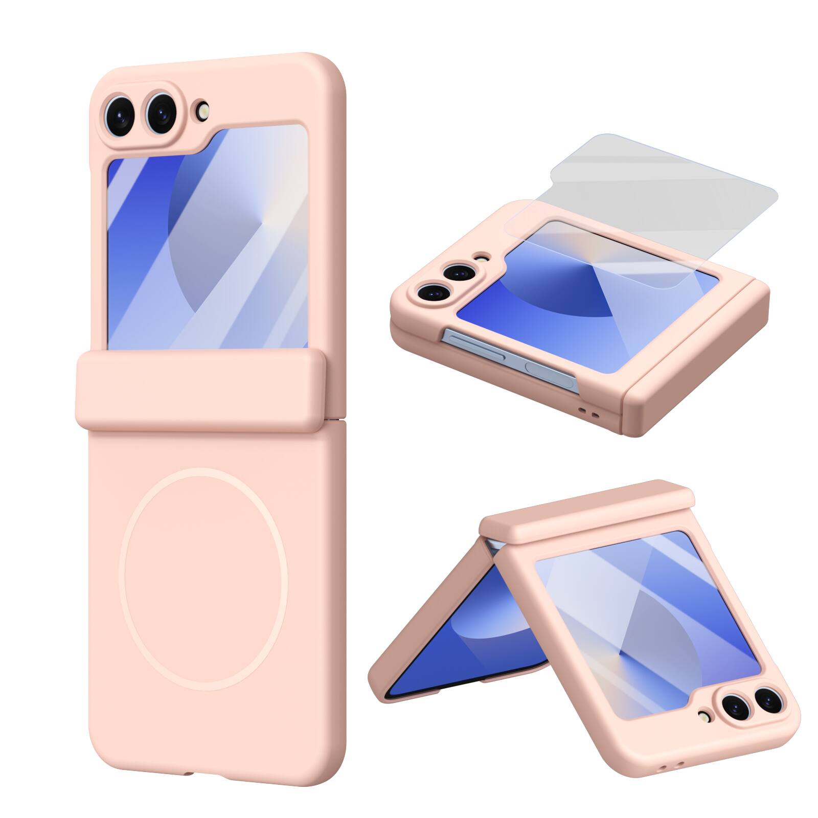 Front. Dteck - Magnetic Full-Body Case for Samsung Galaxy Z Flip6 with 9H Tempered Screen Protector,Shock-absorbent Hinge Coverage - Pink.