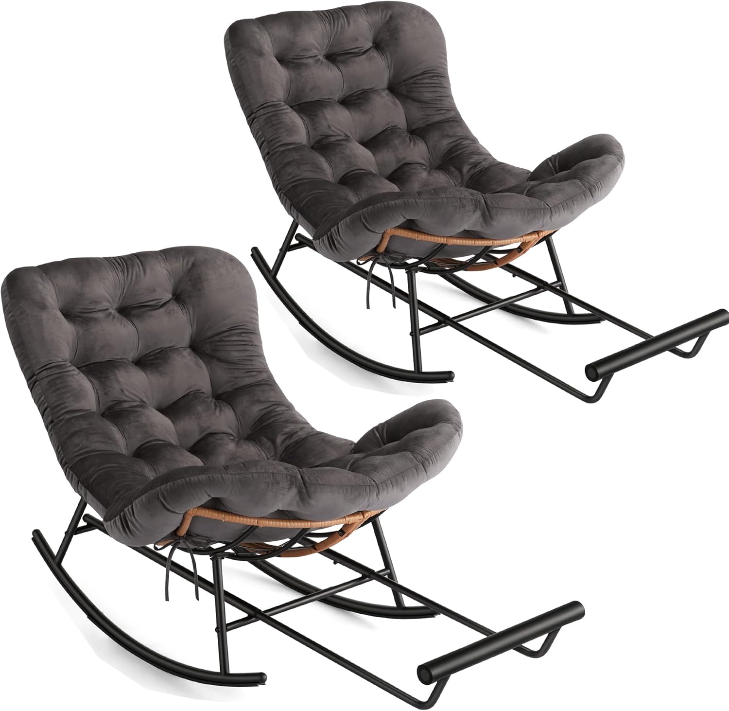 Front. Homhougo - 2 PCS Papasan Rocking Chairs with Footrest, Oversized Patio Lounge Chairs - ‎Dark Gray.