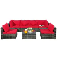 Costway 7PCS Patio Rattan Furniture Set Sectional Sofa Garden Cushion - Red - Front_Zoom