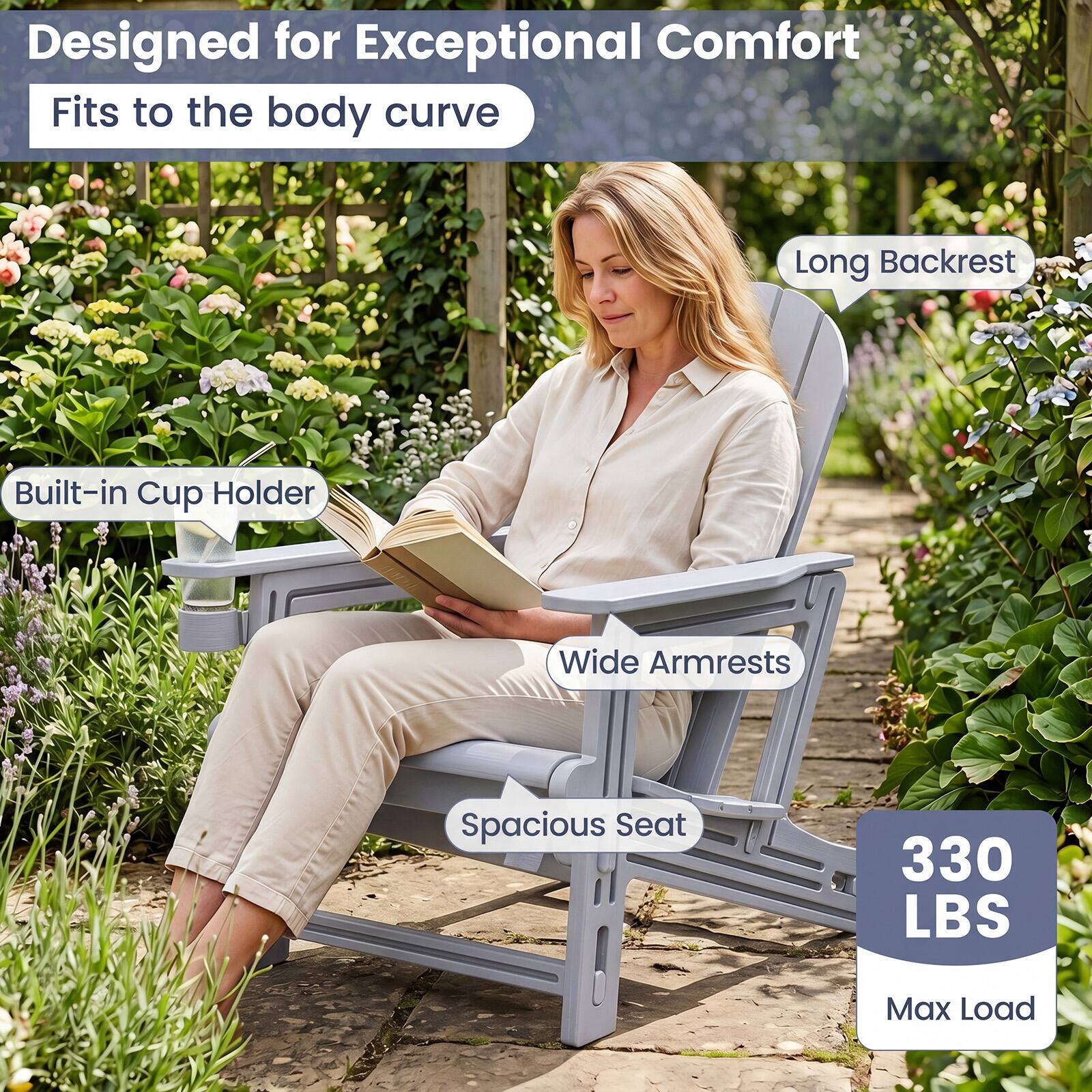 Designed for Exceptional Comfort  
Fits to the body curve  
Long Backrest  
Built-in Cup Holder  
Wide Armrests  
Spacious Seat  
330 LBS Max Load