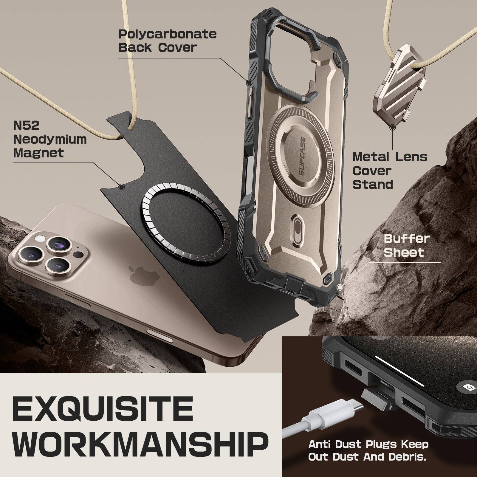 Polycarbonate Back Cover, N52 Neodymium Magnet, SUPCASE Metal Lens Cover Stand, Buffer Sheet, Exquisite Workmanship, Anti-Dust Plug, Keep Out Dust and Debris.