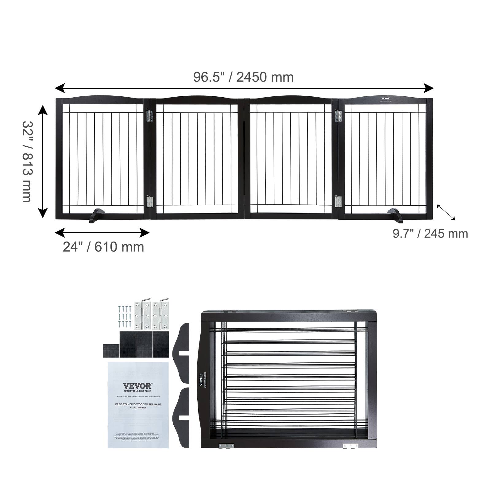 The corrected text is:

- 96.5" / 2450 mm
- 32" / 813 mm
- 24" / 610 mm
- 9.7" / 245 mm

The brand is VEVOR.