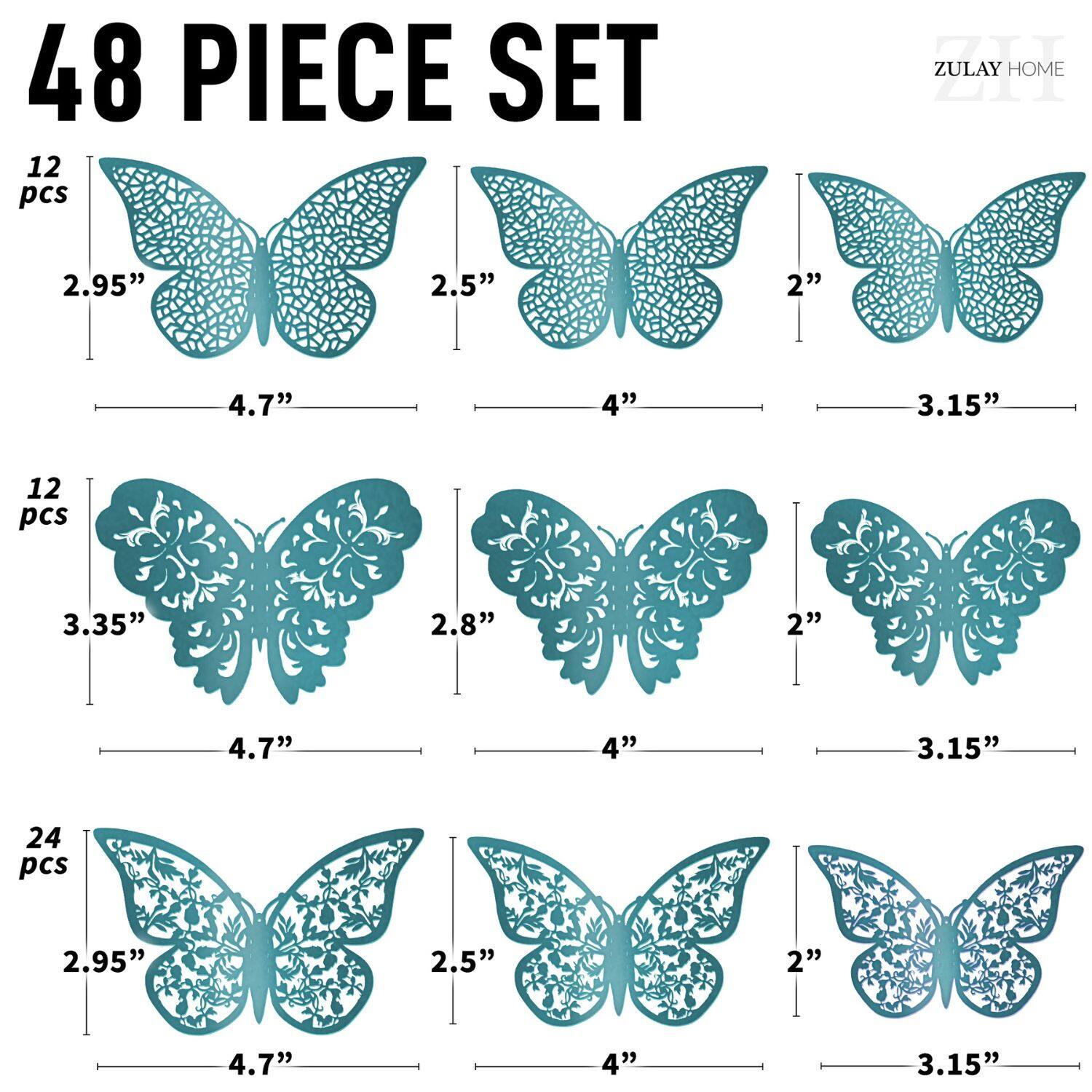48 PIECE SET

12 pcs  
2.95" x 4.7"  
2.5" x 4"  
2" x 3.15"

12 pcs  
3.35" x 4.7"  
2.8" x 4"  
2" x 3.15"

24 pcs  
2.95" x 4.7"  
2.5" x 4"  
2" x 3.15"

ZULAY HOME