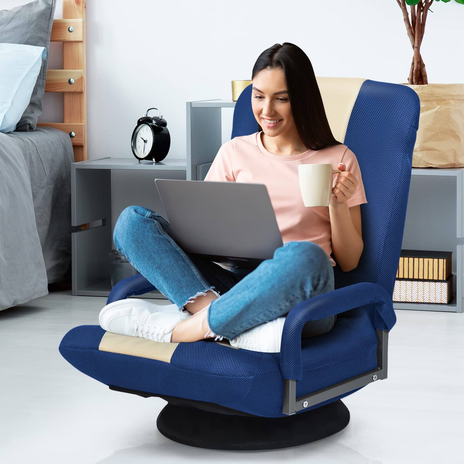 Alt View 5. JETRANSPORT - Floor Gaming Chair 360 Degree Swivel With Armrests 6 Adjustable Position Padded Backrest Folding Rocker - Blue/Beige.