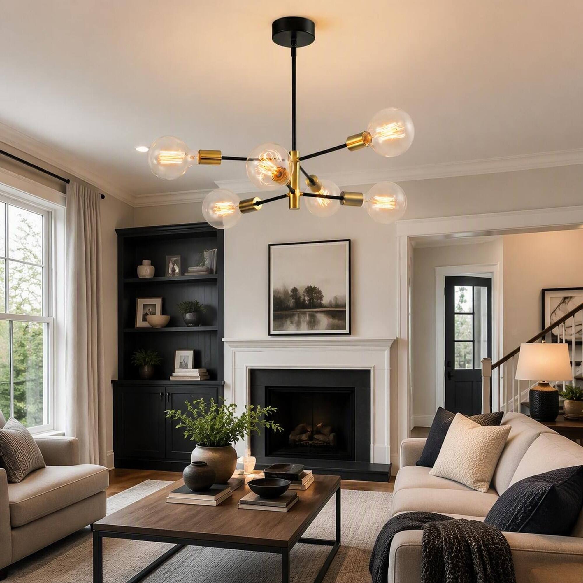 Left. RYHNUYNE - 6-Light Modern Sputnik Chandelier, Black Brass Finish Industrial Pendant Fixture Adjustable Height - Black+Gold.
