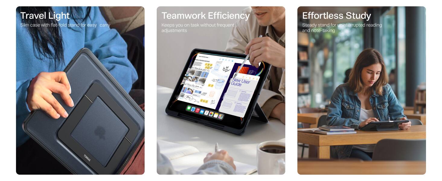 Travel Light Slim case with flat-fold stand for easy carry

Teamwork Efficiency Keeps you on task without frequent adjustments

Effortless Study Steady stand for uninterrupted reading and note-taking

New User Guide