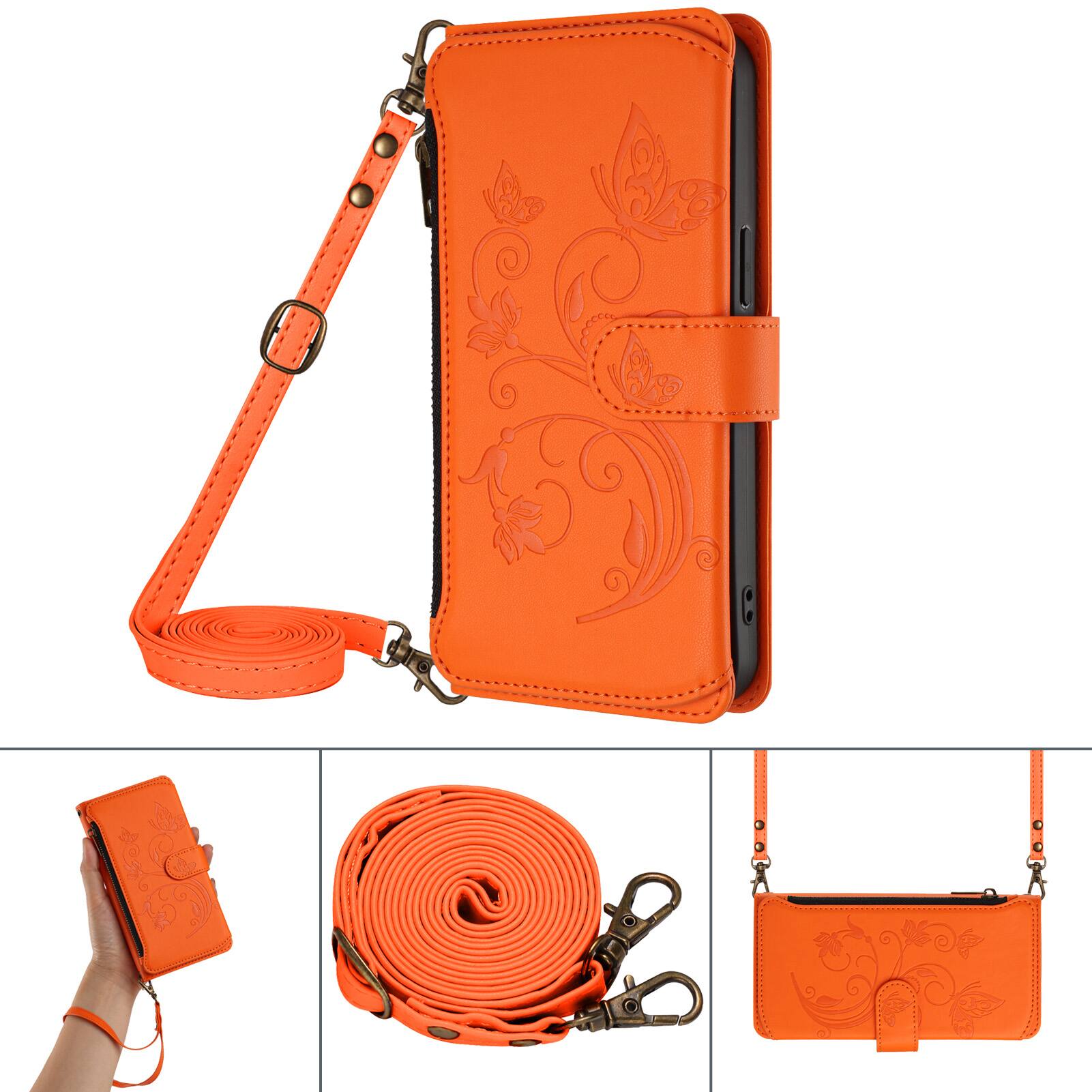 Alt View 4. Dteck - Crossbody Wallet Case for Samsung Galaxy S26+,Embossed Butterfly Flower Folio PU Leather Cover with Zipper Pocket+Strap - Orange.