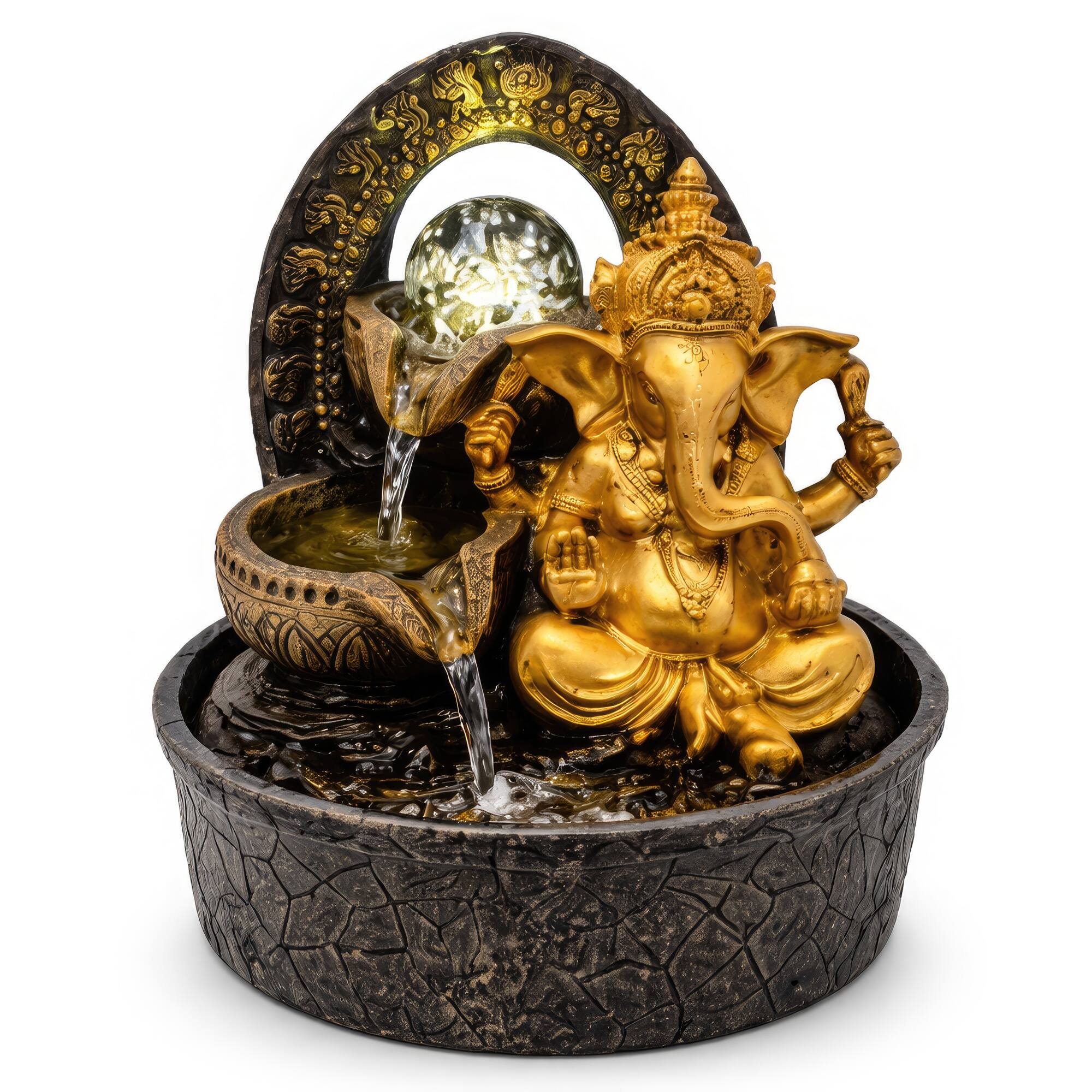 Angle. FC Design - 12"H Golden Color Ornate Ganesha Fountain - Carved Arch, Glowing Orb Cascading Bowls Design.