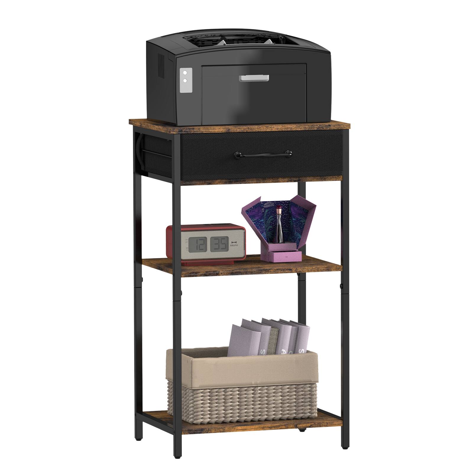 Alt View 1. Oumilen - 3-Tier Rustic Brown Printer Stand with Fabric Drawer - Brown.