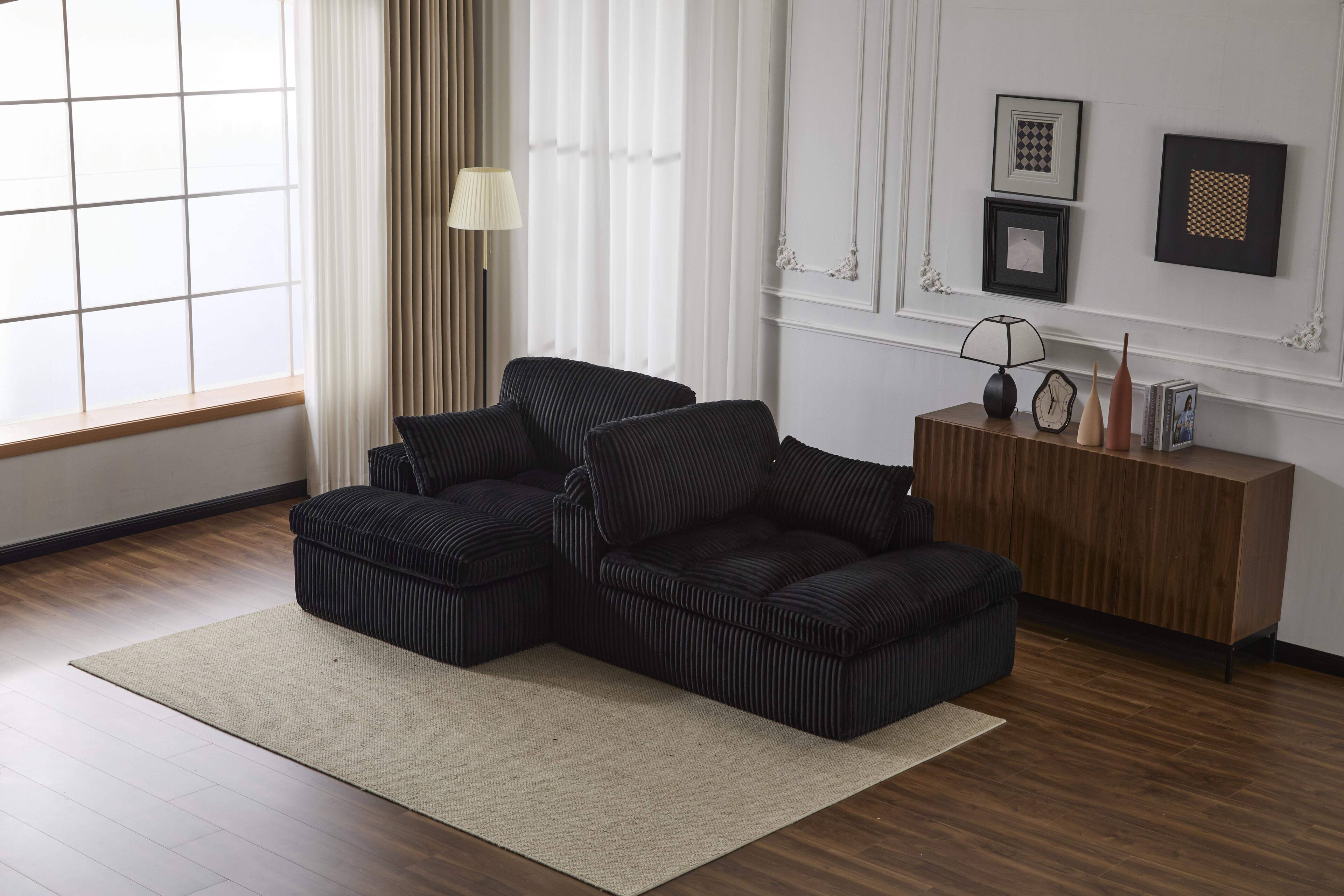 Back. Roomtec - Double Chaise Lounge Chair IndoorOversized Upholstered Sleeper Cloud CouchDeep Seat Luxury Sofa BedSectional Sofa - Black.