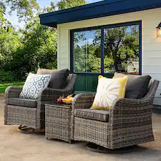 Front. Yardgrace - 3-Piece Outdoor Swivel Rocker Set – Washable Cushions & Tempered Glass Table for Patio, Lawn, Porch, Backyard - Grey.