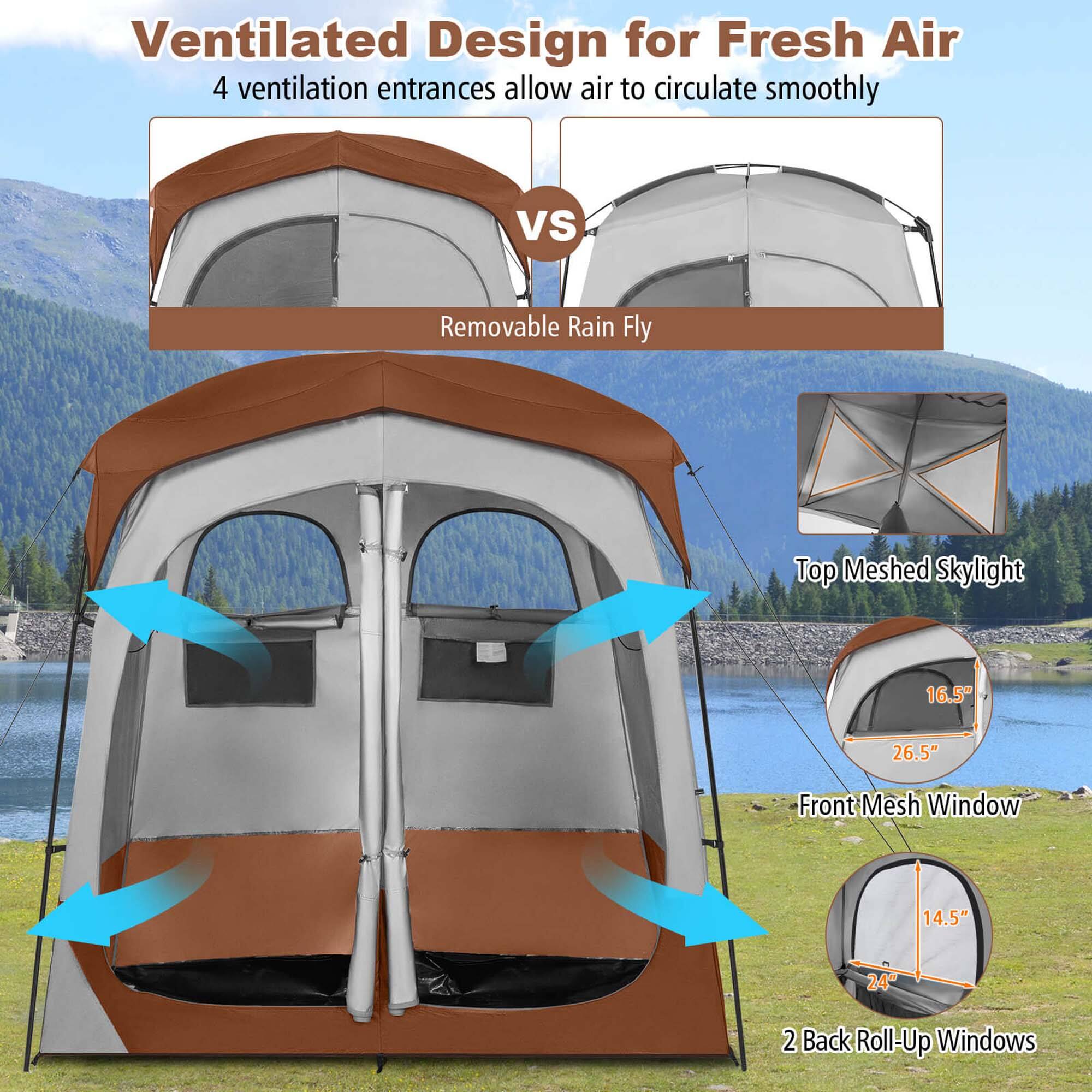 Ventilated Design for Fresh Air  
4 ventilation entrances allow air to circulate smoothly  

VS  
Removable Rain Fly  

Top Meshed Skylight  
16.5" x 26.5"  

Front Mesh Window  
14.5" x 24"  

2 Back Roll-Up Windows