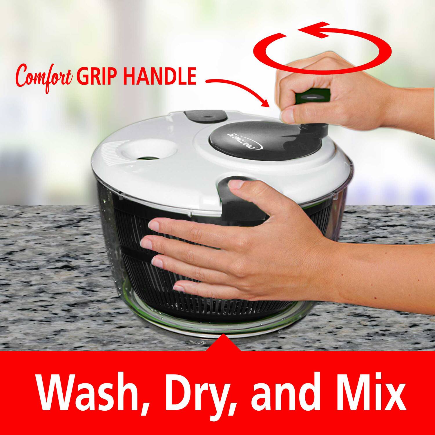Comfort Grip Handle  
Wash, Dry, and Mix