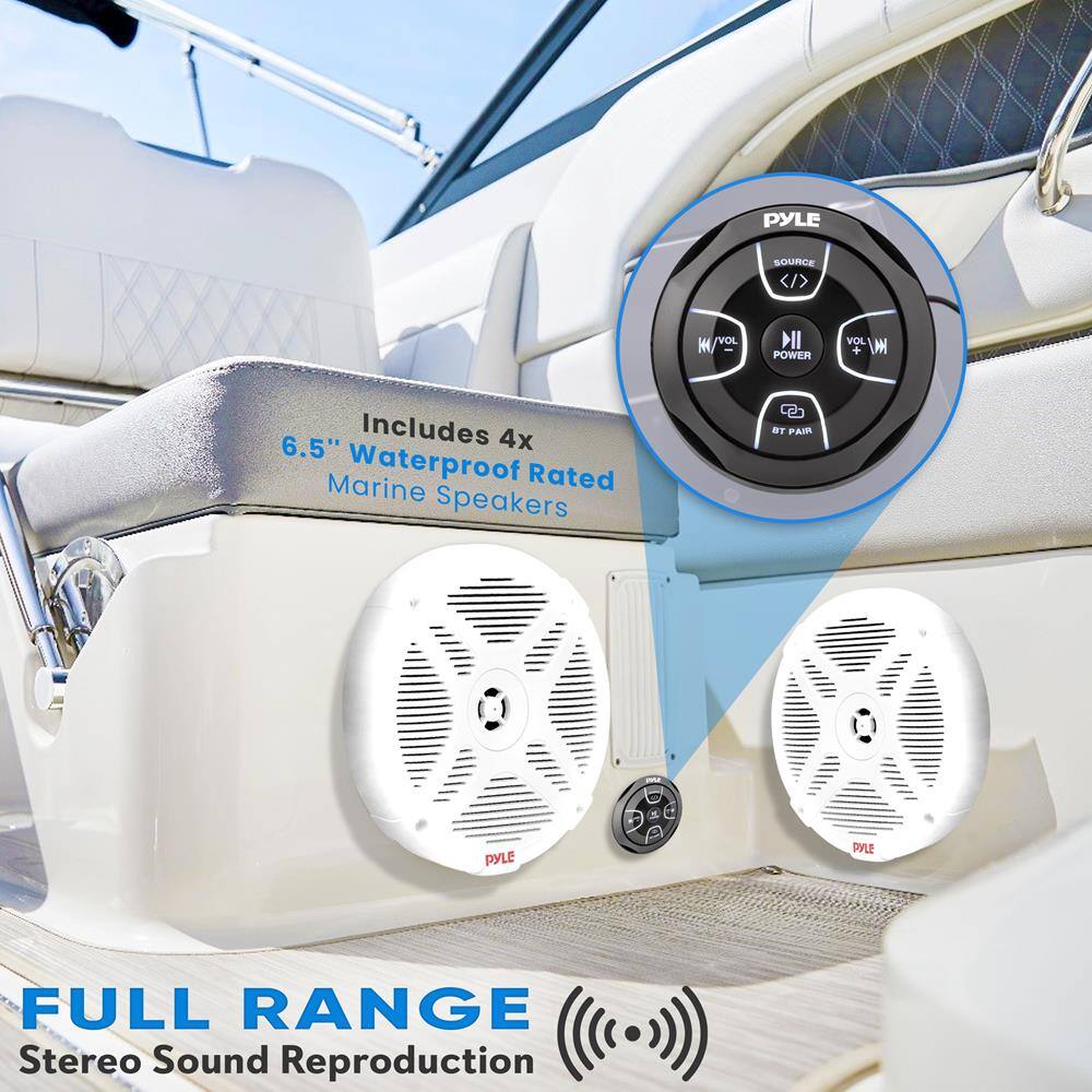 PYLE  
SOURCE  
VOL K M POWER VOL + V  
Includes 4x 6.5" Marine Waterproof Rated Speakers  
FULL RANGE  
Stereo Sound Reproduction