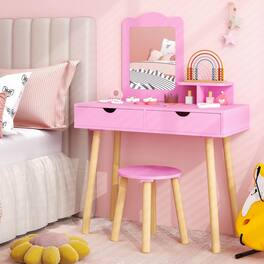 Costway - Kid Vanity Table Chair Set with Mirror Large Storage Drawers Wooden Legs - Pink