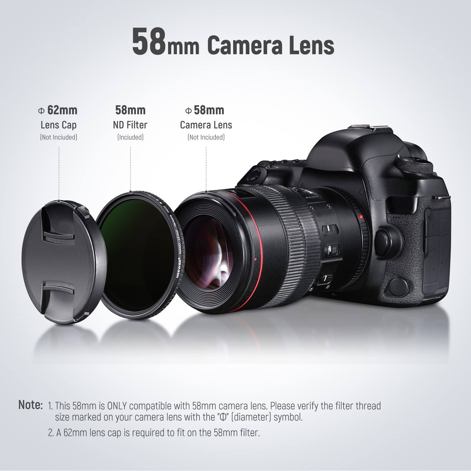 58mm Camera Lens  
62mm Lens Cap (Not Included)  
58mm ND Filter (Included)  
58mm Camera Lens (Not Included)  

Note:  
1. This 58mm is ONLY compatible with 58mm camera lens. Please verify the filter thread size marked on your camera lens with the "⌀" (diameter) symbol.  
2. A 62mm lens cap is required to fit on the 58mm filter.