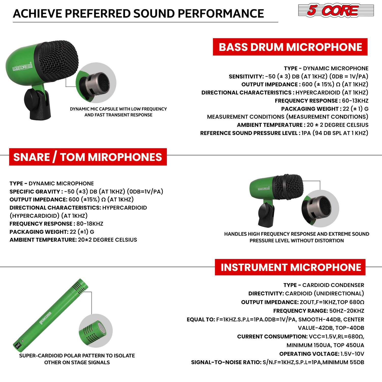 **ACHIEVE PREFERRED SOUND PERFORMANCE**

**BASS DRUM MICROPHONE**

- **TYPE:** DYNAMIC MICROPHONE
- **SENSITIVITY:** -50 (±3) dB (AT 1kHz) (0dB = 1V/Pa)
- **OUTPUT IMPEDANCE:** 600 (±15%) Ω (AT 1kHz)
- **DIRECTIONAL CHARACTERISTICS:** HYPERCARDIOID (AT 1kHz)
- **FREQUENCY RESPONSE:** 60-13kHz
- **PACKAGING WEIGHT:** 22 (±1) G
- **MEASUREMENT CONDITIONS:** AMBIENT TEMPERATURE: 20 ± 2 DEGREE CELSIUS
- **REFERENCE SOUND PRESSURE LEVEL:** 1PA (94 dB SPL AT 1kHz)

**SNARE / TOM MIROPHONES**

- **TYPE:** DYNAMIC MICROPHONE
- **SENSITIVITY:** -50 (±3) dB (AT 1kHz) (0dB = 1V/Pa)
- **OUTPUT IMPEDANCE:** 600 (±15%) Ω (AT 1kHz)
- **DIRECTIONAL CHARACTERISTICS:**