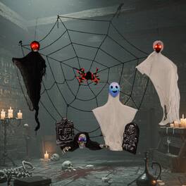Winado - Halloween Scray Hanging Skeleton Ghosts, Spider Web, Tombstone 8PCS Decoration for In/Outdoor Patio Garden Haunted House - White & Black