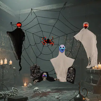Front. Winado - Halloween Scray Hanging Skeleton Ghosts, Spider Web, Tombstone 8PCS Decoration for In/Outdoor Patio Garden Haunted House - White & Black.