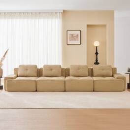 Anysun - 153" Corduroy Modular Sectional Sofa - 4-Seat Deep-Seat Couch, Pearl Piping, Tufted, Buckle Connection, No Assembly - Camel