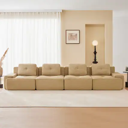 Front. Anysun - 153" Corduroy Modular Sectional Sofa - 4-Seat Deep-Seat Couch, Pearl Piping, Tufted, Buckle Connection, No Assembly - Camel.