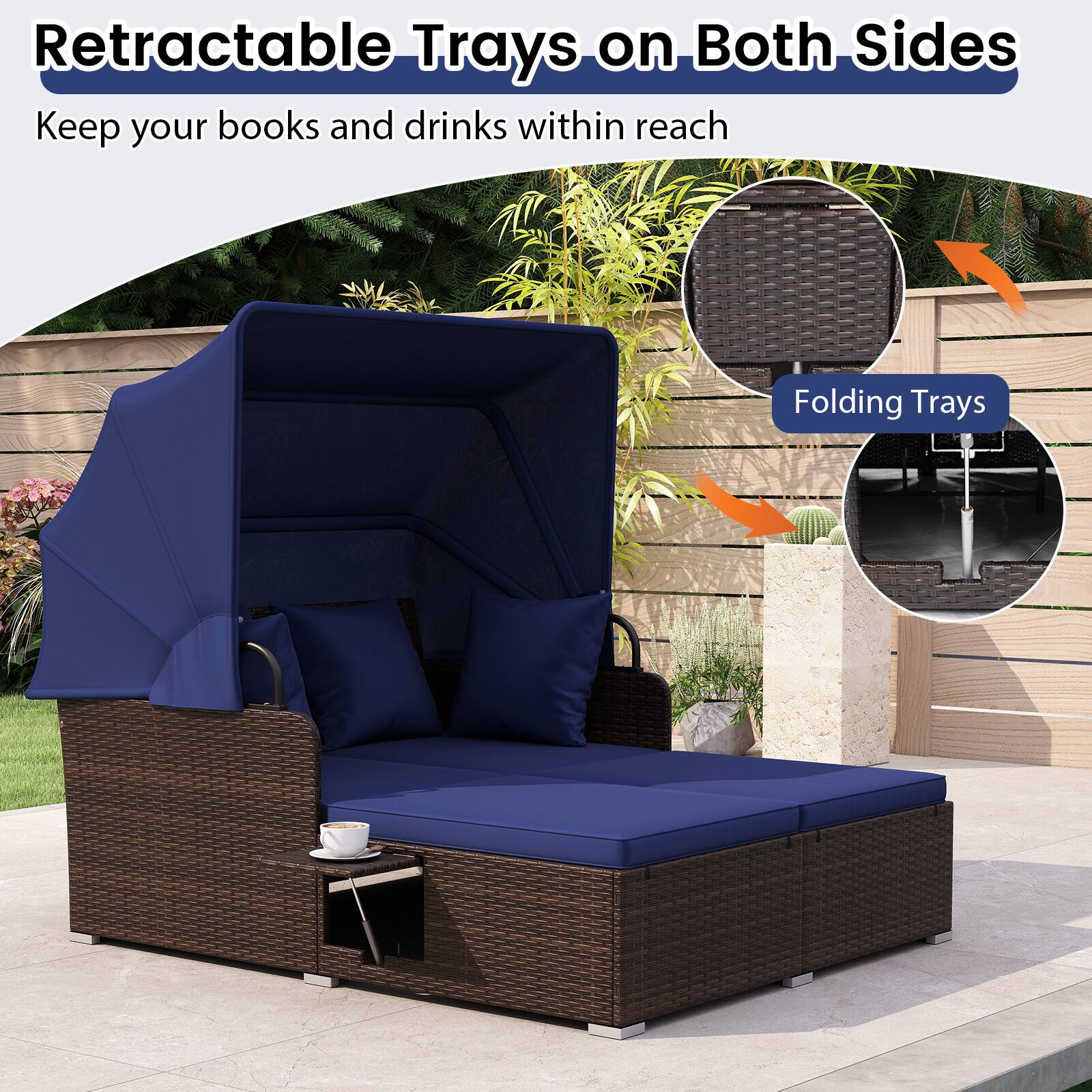 Retractable Trays on Both Sides  
Keep your books and drinks within reach  

Folding Trays