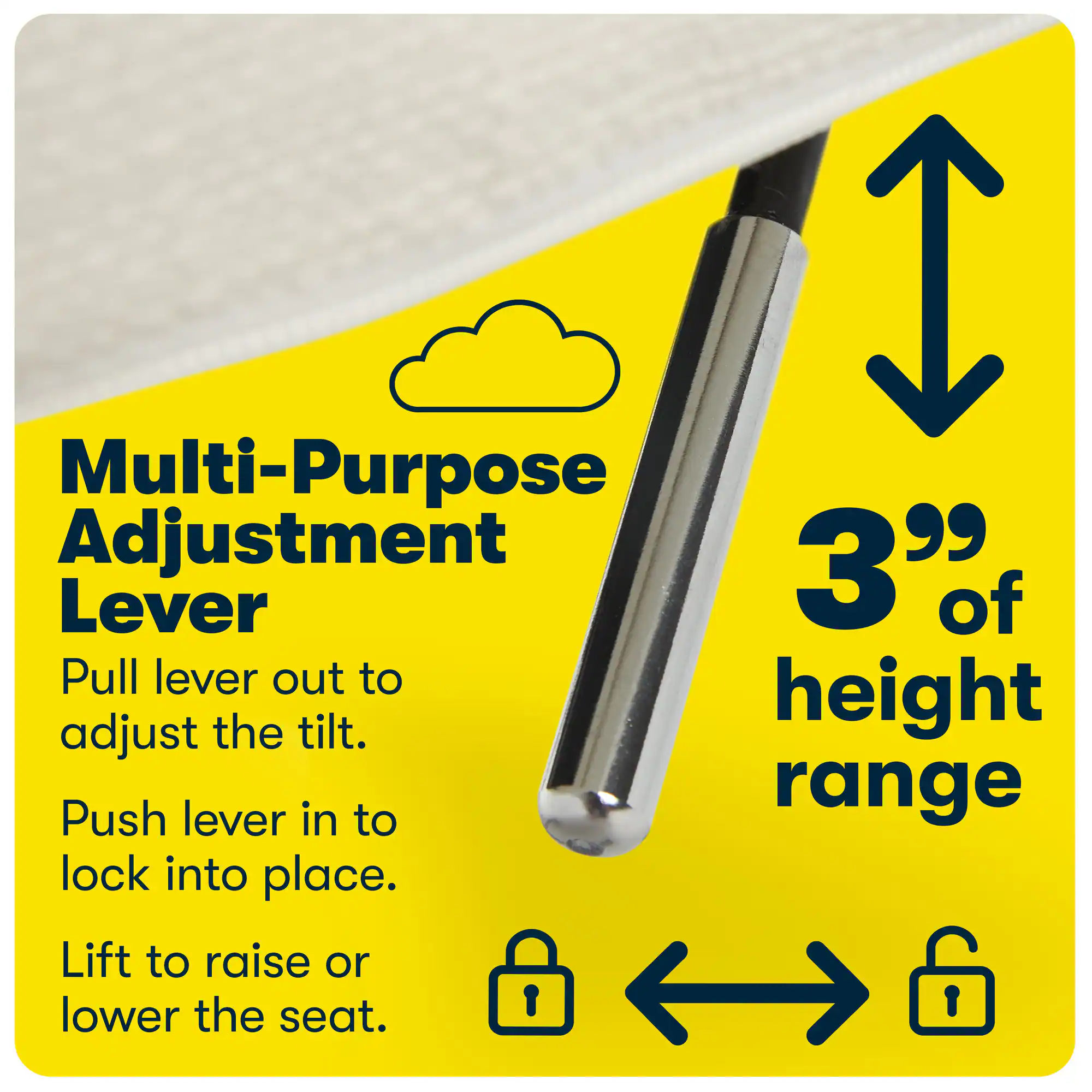 The image features a 3" Multi-Purpose Adjustment Lever, which is designed to adjust the tilt height of a seat. The lever is shown in a close-up view, with a locking mechanism that allows the user to adjust the tilt angle to their preference. The lever is attached to a seat, and the user can push it in to lock the tilt height into place, or pull it out to adjust the tilt angle. The lever is also designed to be used as a pull lever to lower the seat, and as a push lever to raise the seat. This versatile adjustment lever offers both convenience and customization options for the user.