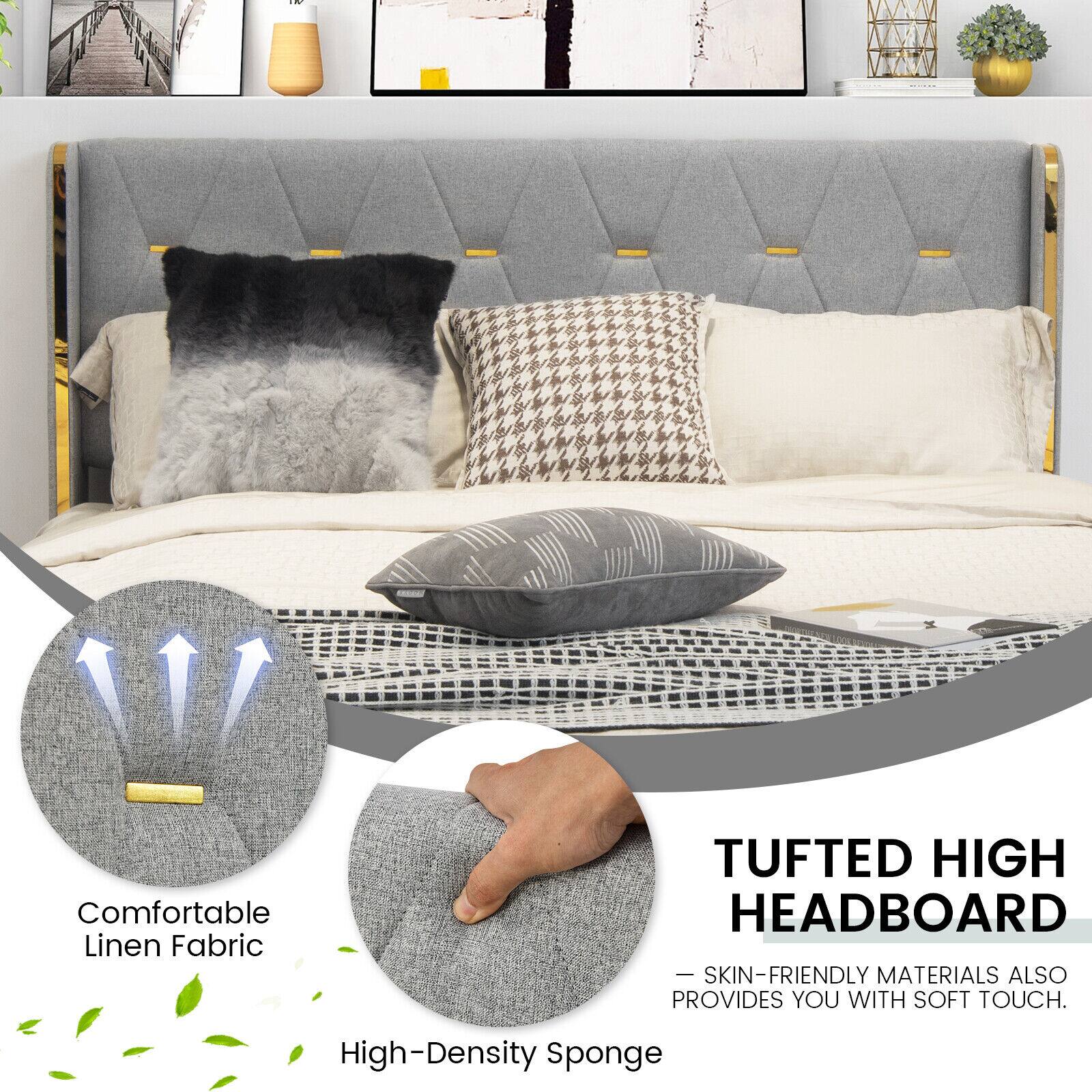 Comfortable Linen Fabric, High-Density Sponge, TUFTED HIGH HEADBOARD, SKIN-FRIENDLY MATERIALS ALSO PROVIDES YOU WITH SOFT TOUCH.