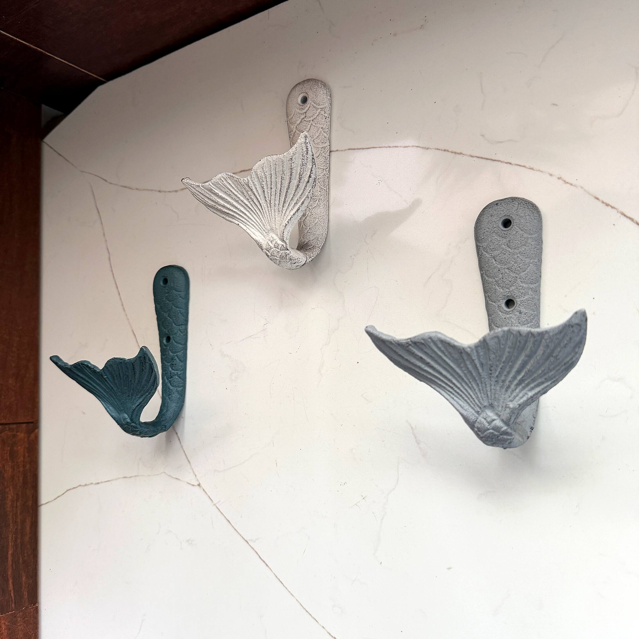 Alt View 3. Zeckos - Set of 3 Cast Iron Mermaid Tail Wall Hooks Distressed Blue Gray White 5 Inch - Multicolored.