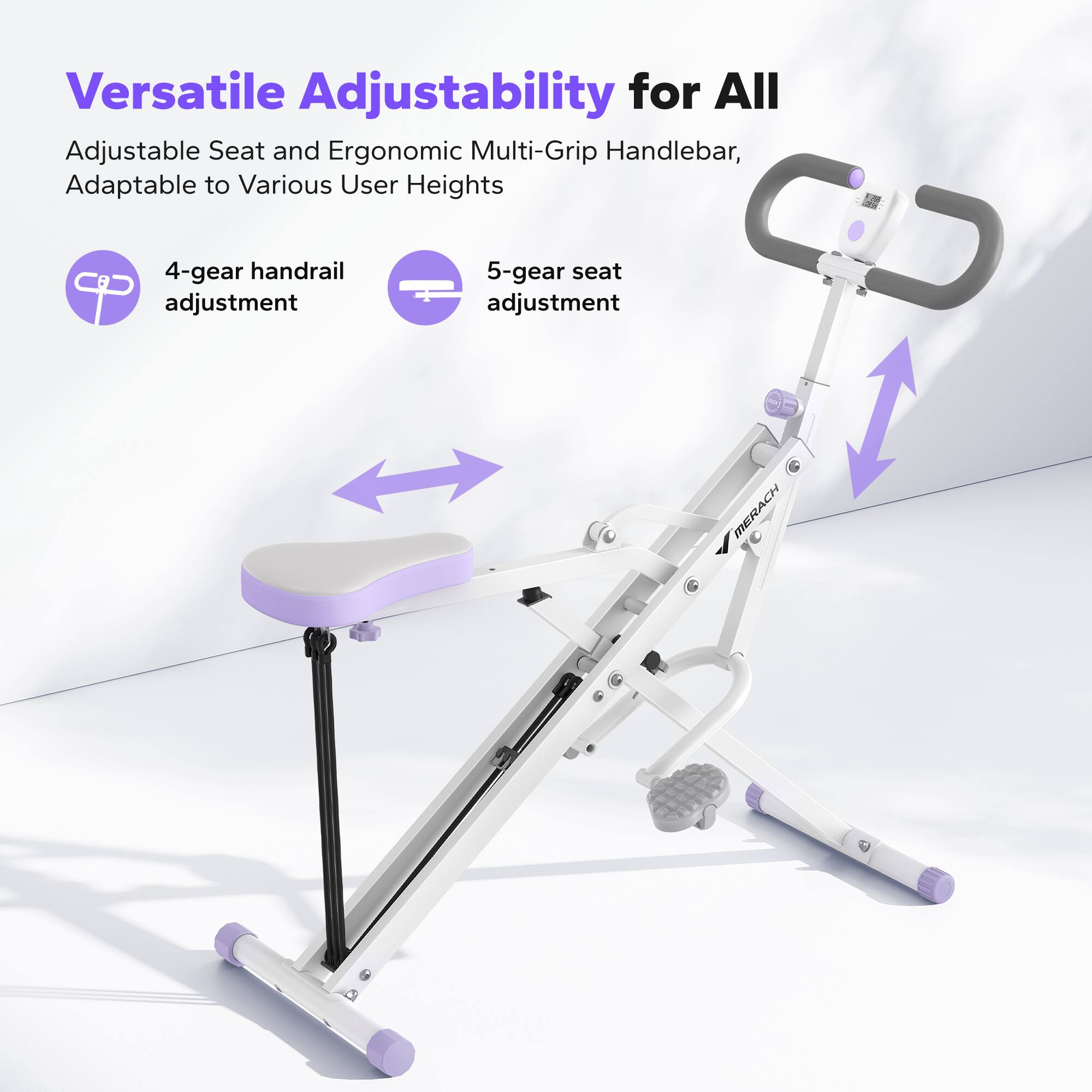 Versatile Adjustability for All

Adjustable Seat and Ergonomic Multi-Grip Handlebar, Adaptable to Various User Heights

4-gear handrail adjustment

5-gear seat adjustment