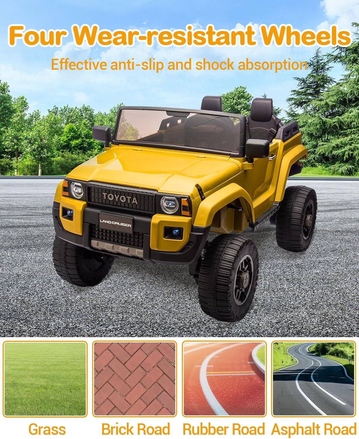 Four Wear-resistant Wheels  
Effective anti-slip and shock absorption  

Grass  
Brick Road  
Rubber Road  
Asphalt Road