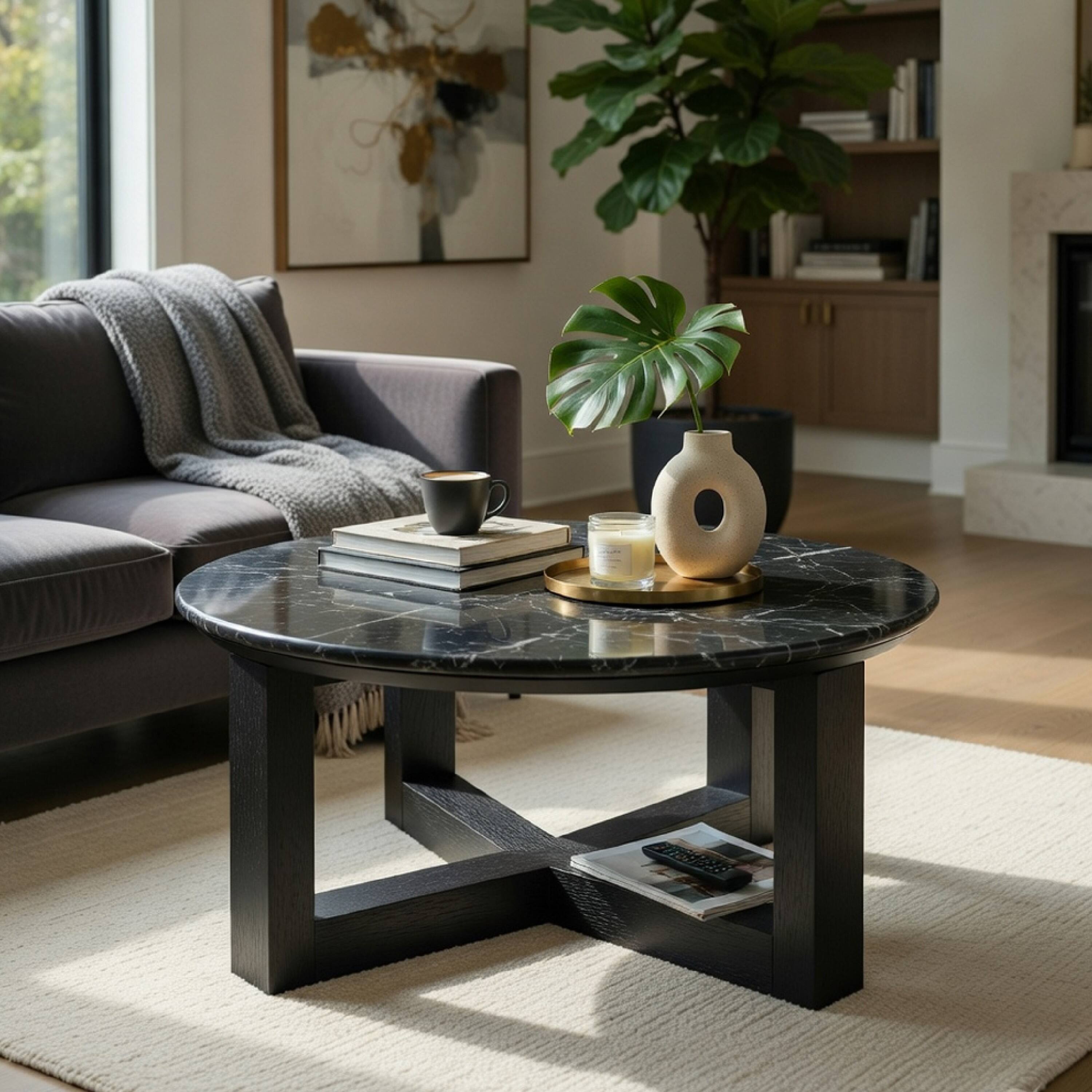 Alt View 8. Manhattan Lane - Kia Coffee Table, Round Marble Top and Three Leg Wood Base,32 Inch - Black.