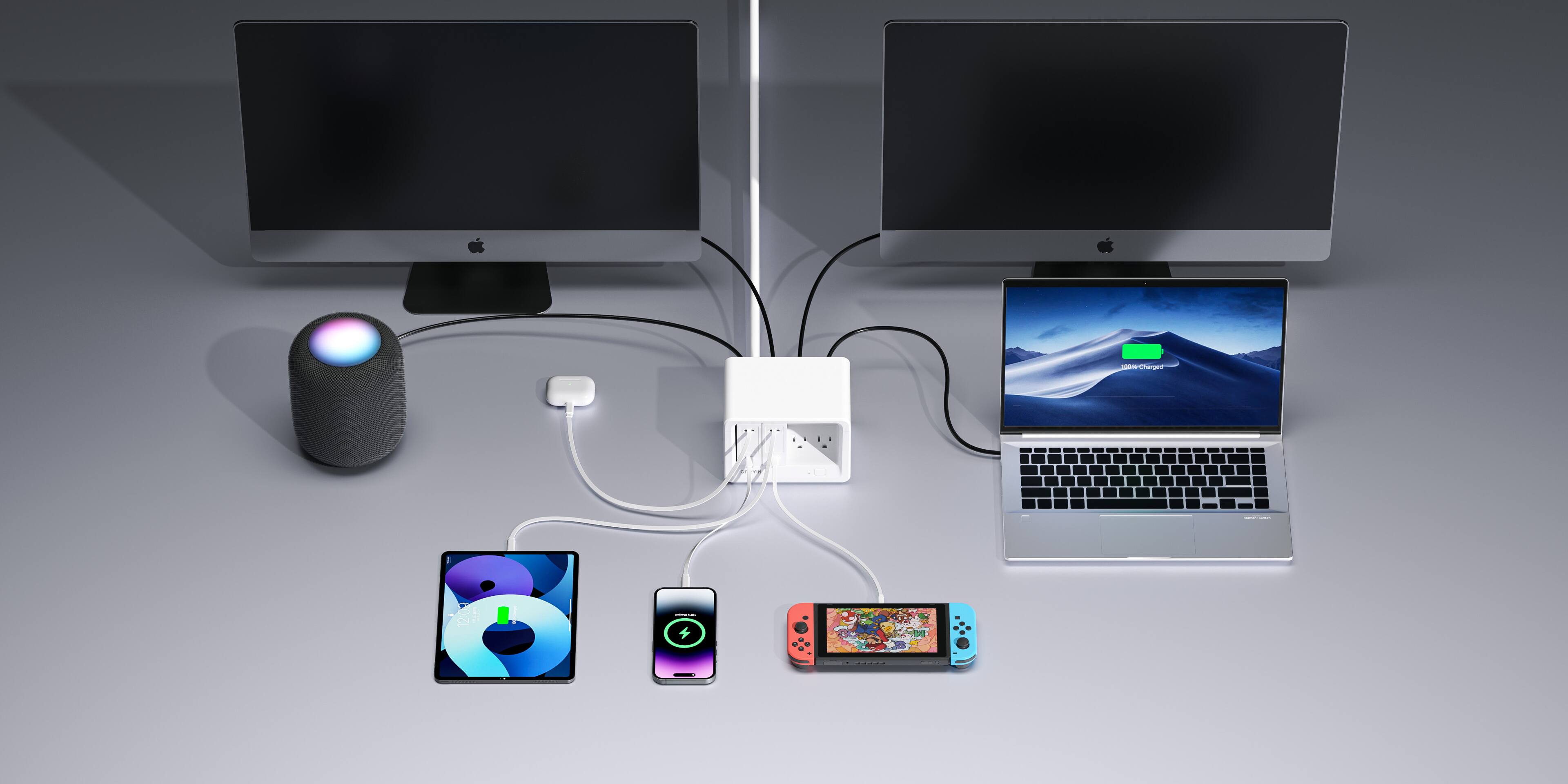 Left. Gitryin - Gitryin Desktop Charging Station+ 2 USB-C Retractable Charger, 40W, 31.5-Inch flat Cable, 8 AC White - White.