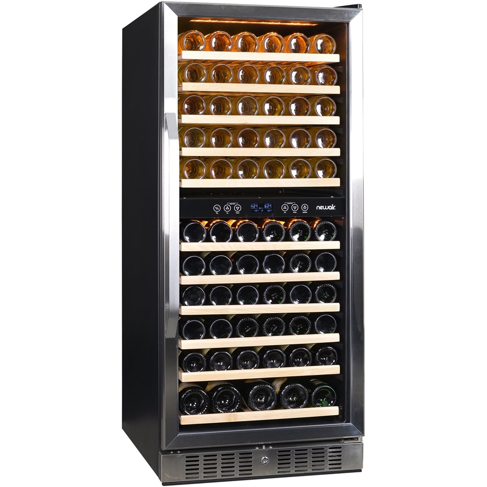 Angle View: NewAir - 116-Bottle Dual Zone Built-in Wine Fridge with Quiet Operation and Beech Wood Shelves - Stainless Steel