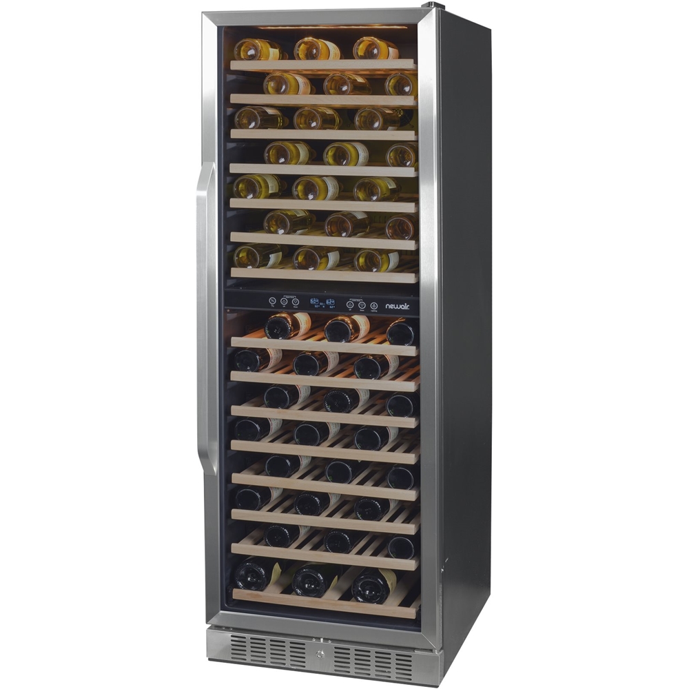 Left View: NewAir - 160-Bottle Dual Zone Built-in Wine Fridge with Beech Wood Shelves and Quiet Operation - Stainless Steel