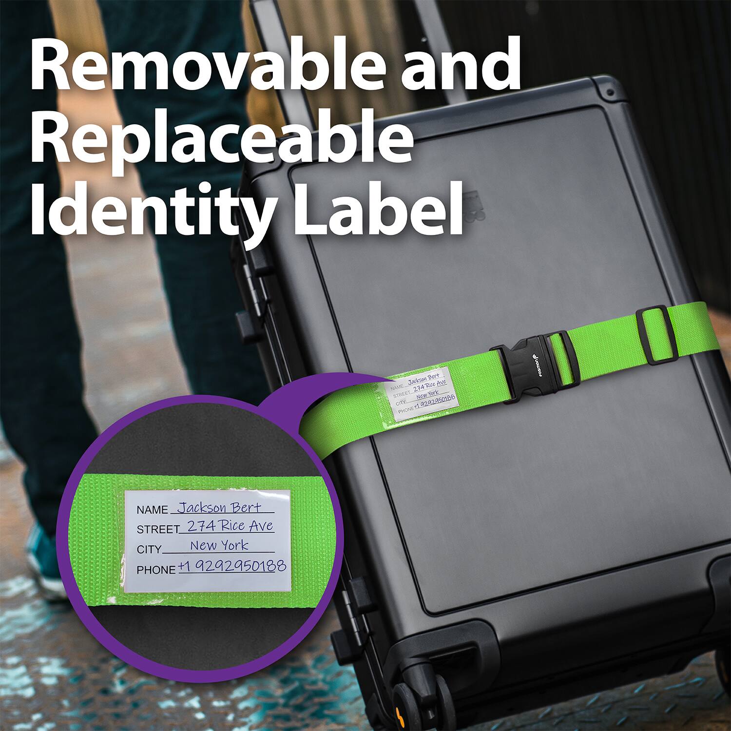 Removable and Replaceable Identity Label

NAME: Jackson Bert  
STREET: 274 Rice Ave  
CITY: New York  
PHONE: +1 9292950188