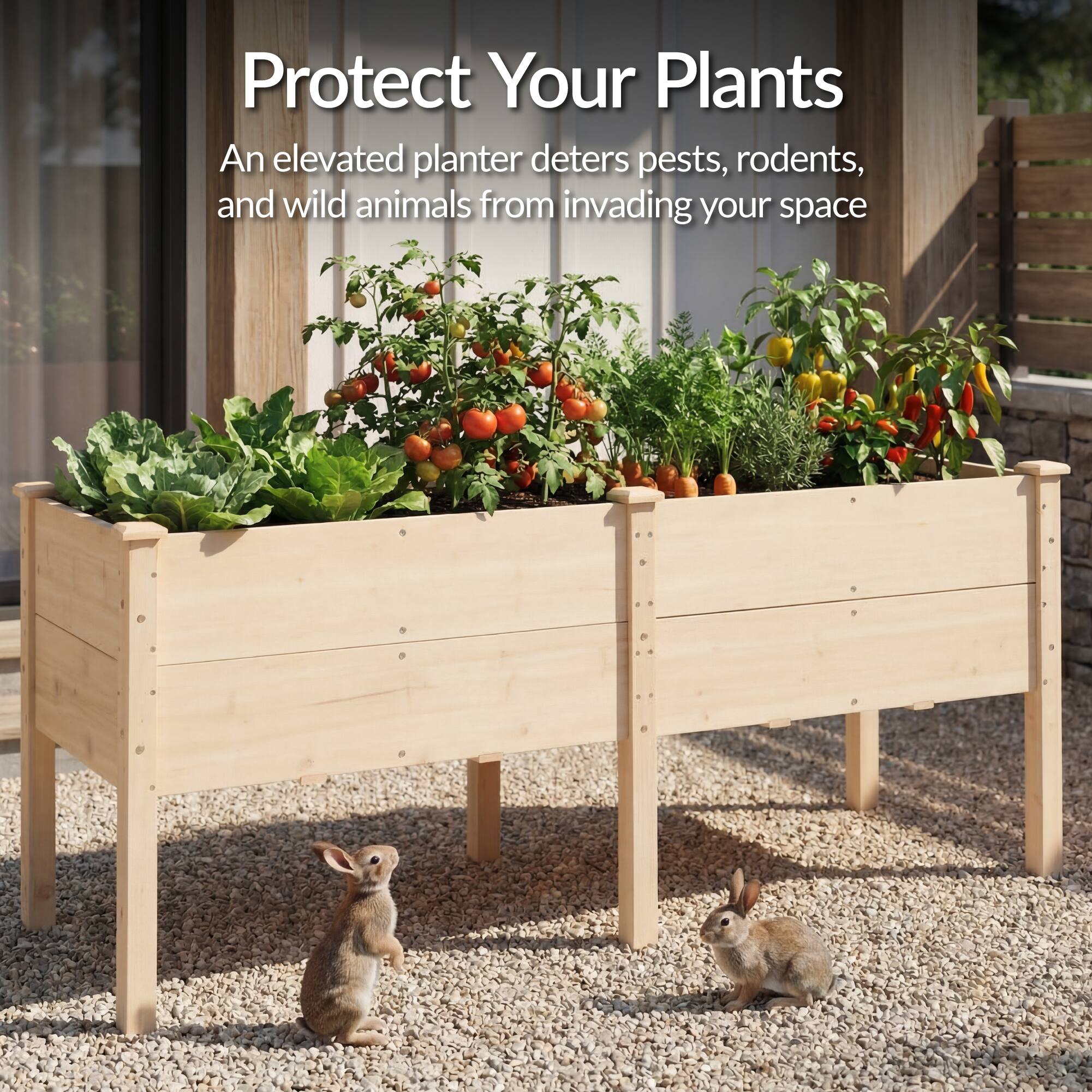 Protect Your Plants  
An elevated planter deters pests, rodents, and wild animals from invading your space