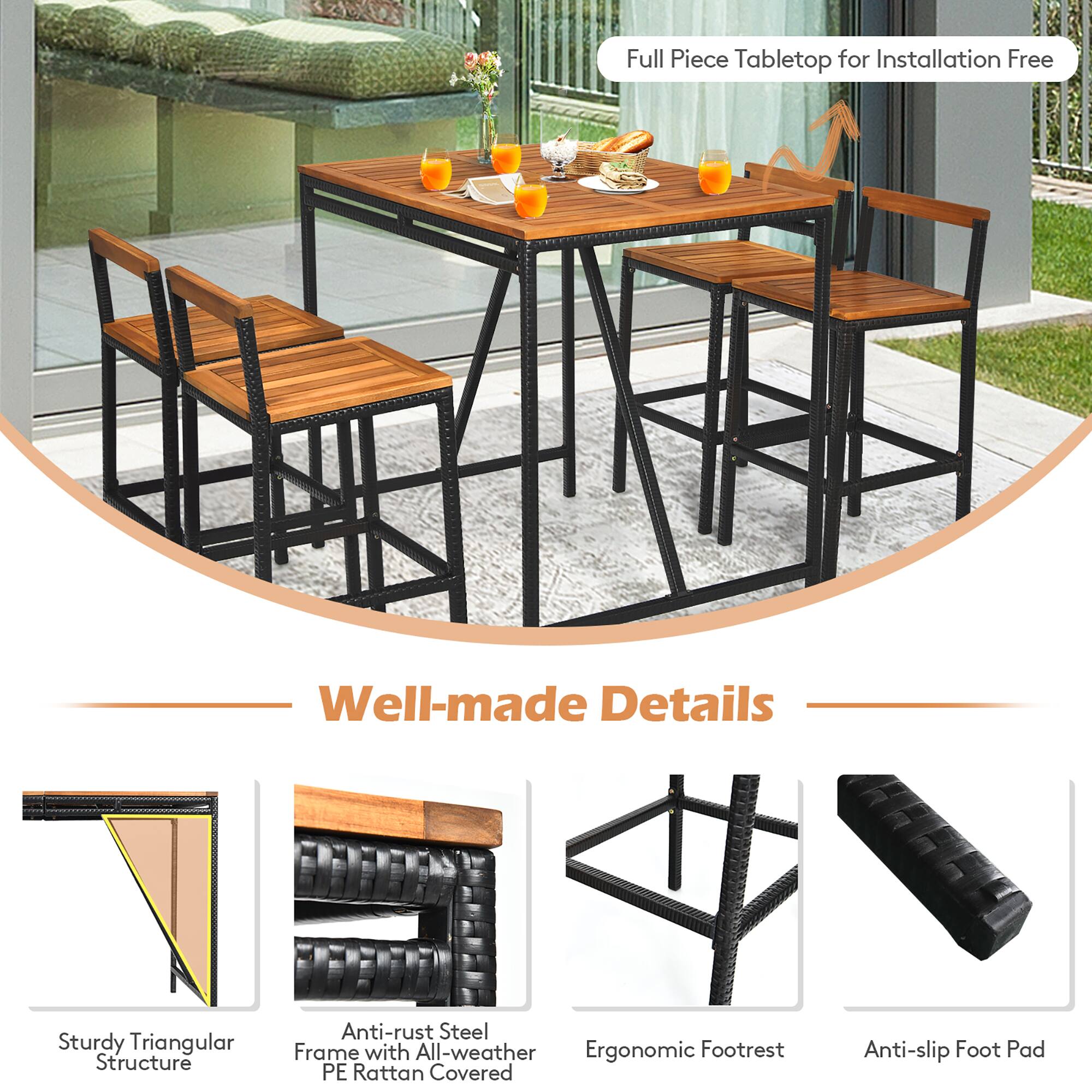 Full Piece Tabletop for Installation Free

Well-made Details

- Sturdy Triangular Structure
- Anti-rust Steel Frame with All-weather PE Rattan Covered
- Ergonomic Footrest
- Anti-slip Foot Pad