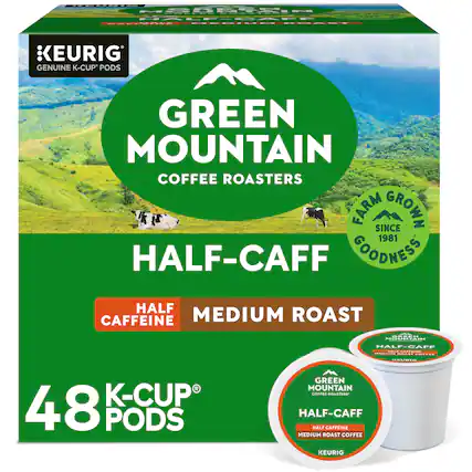 MAS SORA EE RORO KEURIG GENUINE K-CUP PODS GREEN MOUNTAIN COFFEE ROASTERS FARM SINCE GROWN 1981 HALF-CAFF GOODNESS HALF CAFFEINE MEDIUM ROAST GREEN MOUNTAIN COFFEE ROASTERS HALF-CAFF HALF CAFFEINE MEDIUM ROAST COFFEE KEURIG 48 K-CUP PODS