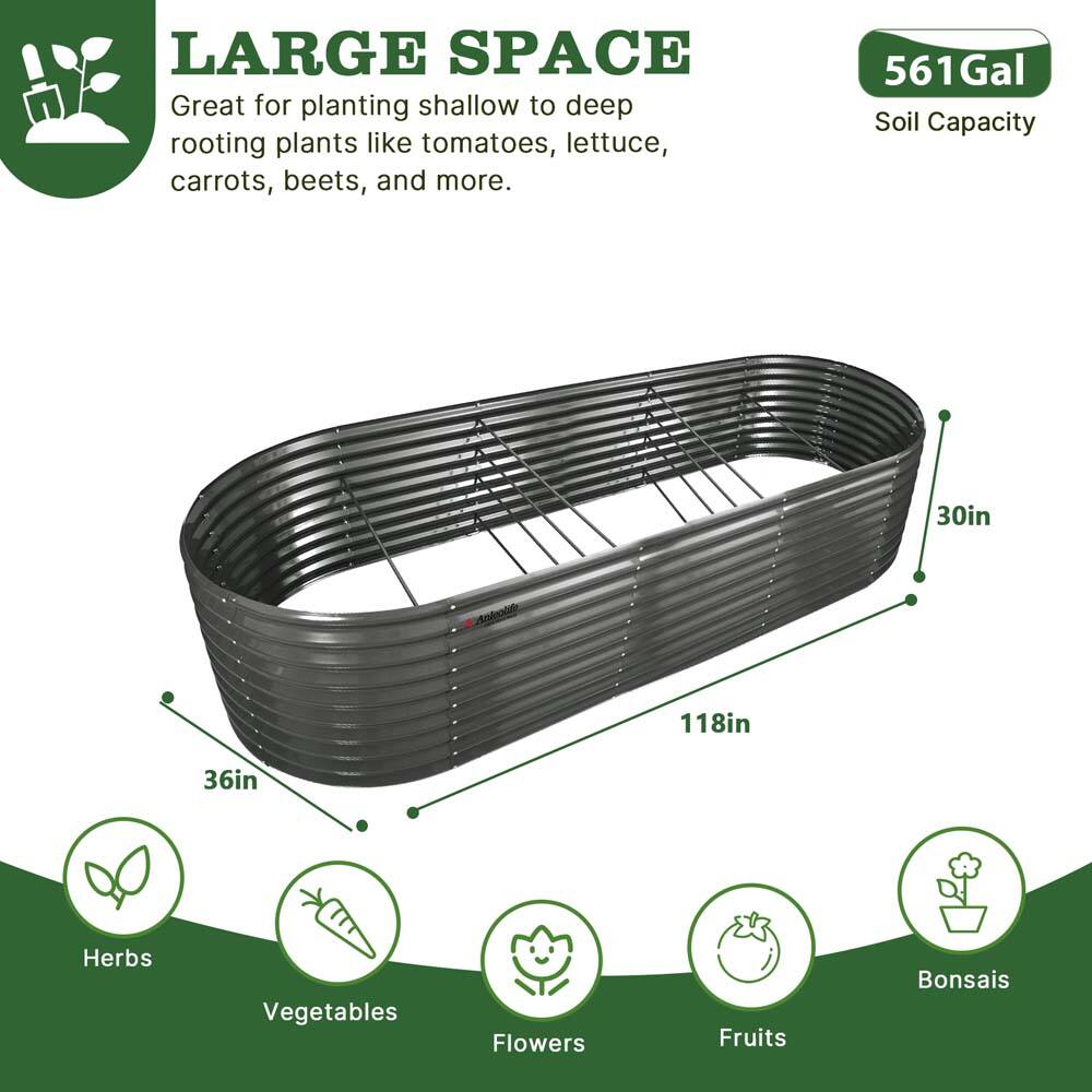 LARGE SPACE  
Great for planting shallow to deep rooting plants like tomatoes, lettuce, carrots, beets, and more.  

561 Gal Soil Capacity  

30in x 118in x 36in  

Herbs  
Vegetables  
Flowers  
Fruits  
Bonsais