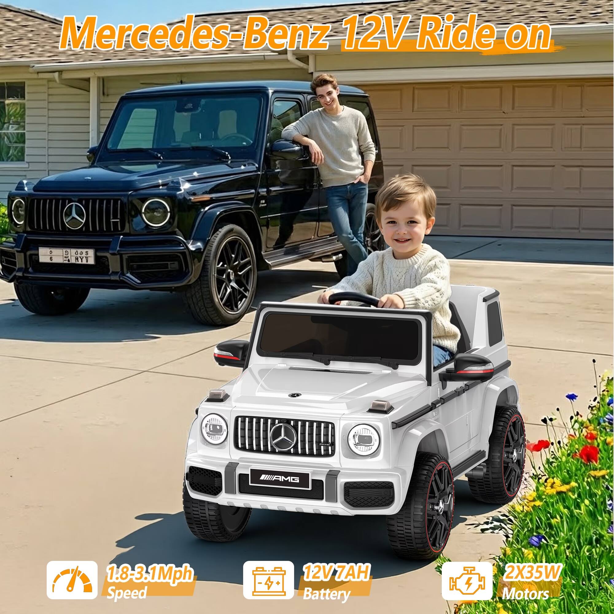 Mercedes-Benz 12V Ride on

1.8-3.1Mph Speed

12V 7AH Battery

2X35W Motors