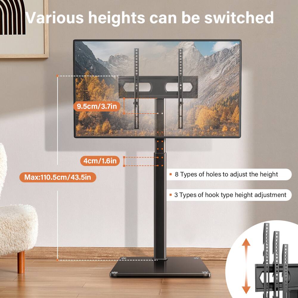 Various heights can be switched
9.5cm/3.7in
4cm/1.6in
Max: 110.5cm/43.5in
8 Types of holes to adjust the height
3 Types of hook type height adjustment