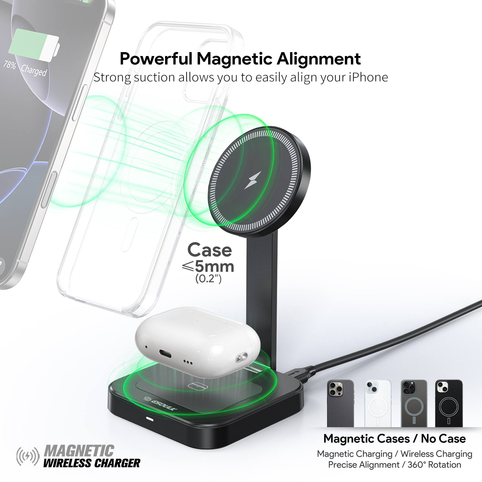 Powerful Magnetic Alignment
Strong suction allows you to easily align your iPhone
Case ≤5mm (0.2")
Magnetic Cases / No Case
Magnetic Charging / Wireless Charging
Precise Alignment / 360° Rotation
MAGNETIC WIRELESS CHARGER