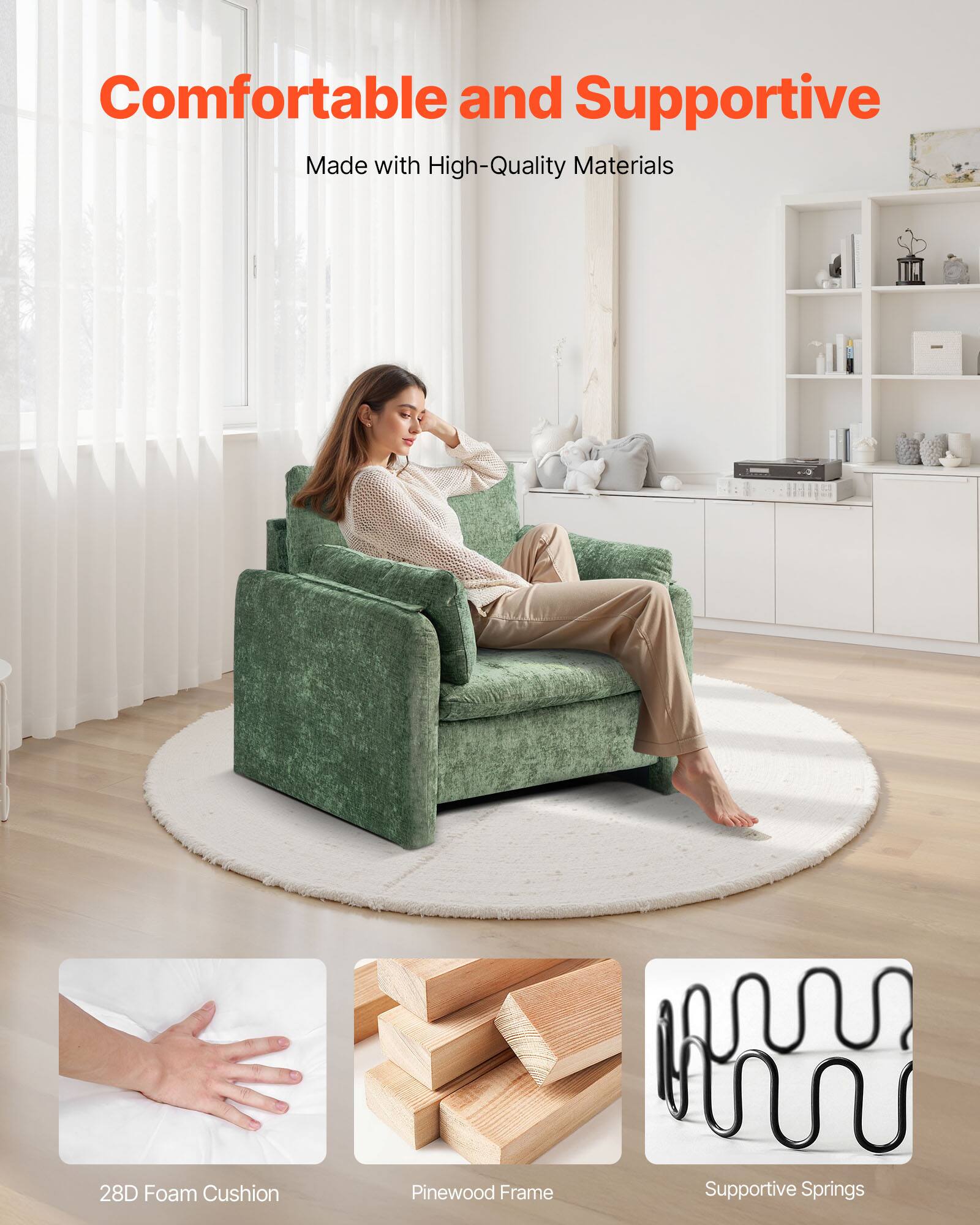 Comfortable and Supportive  
Made with High-Quality Materials  

28D Foam Cushion  
Pinewood Frame  
Supportive Springs