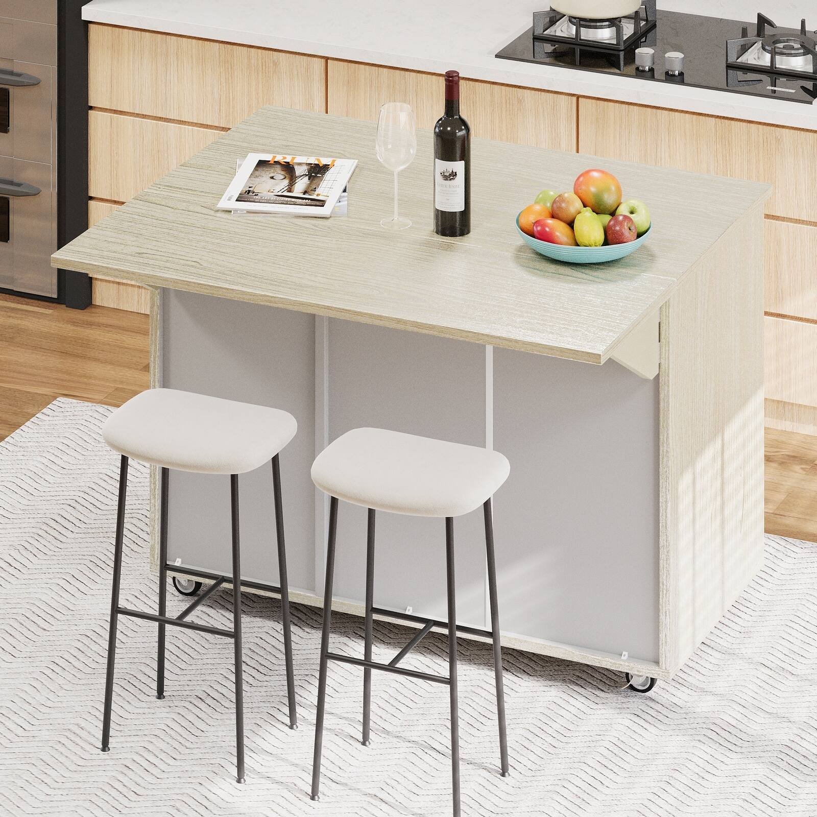 Alt View 1. Spaco - Spaco 51.2" Kitchen Island Cart with Drop Leaf, Handwoven Doors, Locking Casters, Internal Storage Rack, Solid Wood - Champagne.