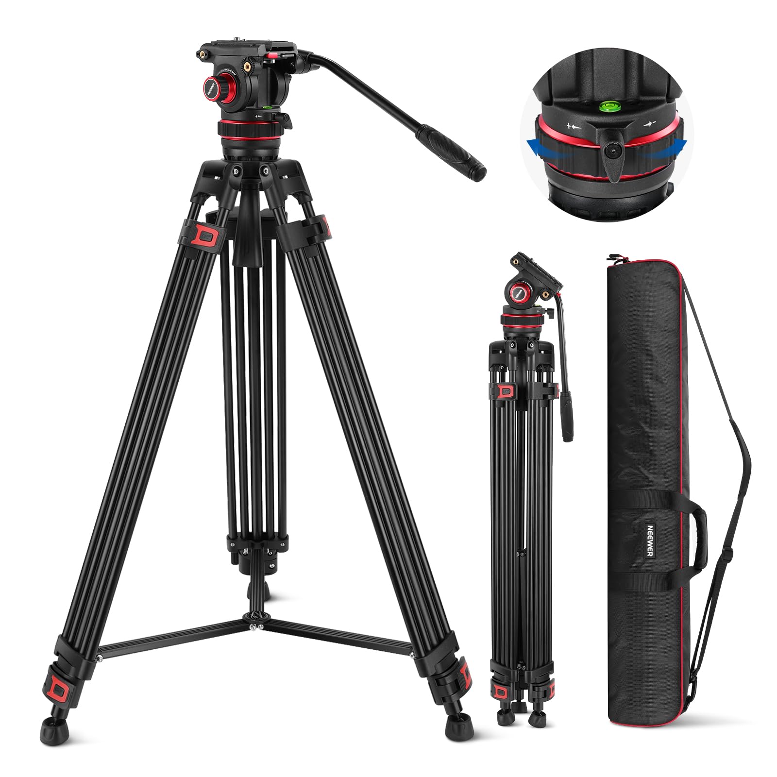 Neewer - 74" Video Tripod with Fluid Head - Adjustable Damping & QR Plate for DJI Gimbal (22lb Load)