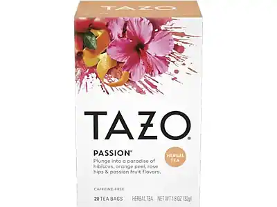 TAZO
PASSION
Plunge into a paradise of hibiscus, orange peel, rose hips & passion fruit flavors.
CAFFEINE FREE
20 TEA BAGS
HERBAL TEA
NET WT 18 OZ (52g)