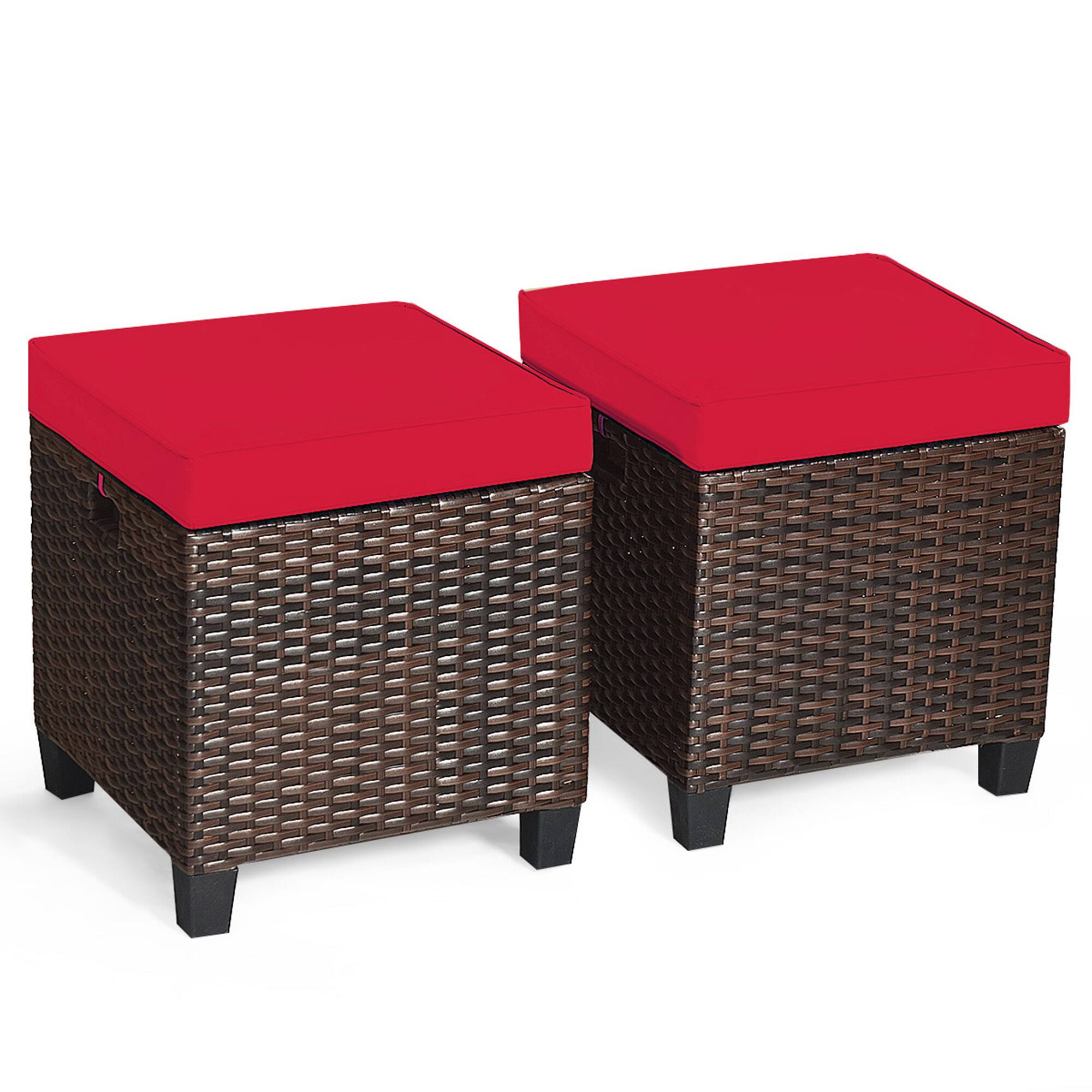 Alt View 4. Gymax - Gymax Set of 2 Patio Rattan Ottoman Footrest Garden Outdoor w/ Red Cushion - Red.